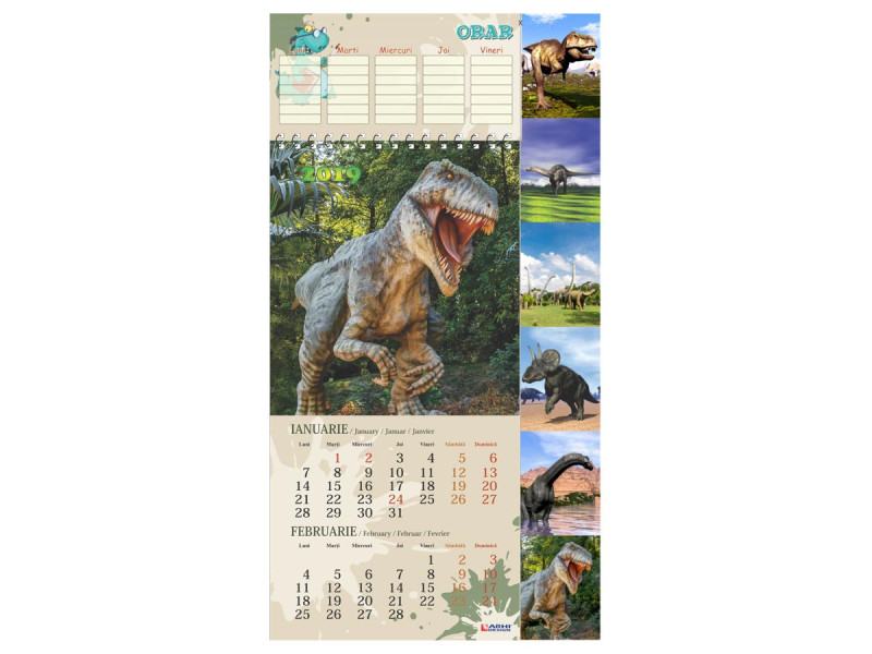 Calendar Dinozauri si Orar + suport carton pe spate predesenat - 2019 - Fotografie 1