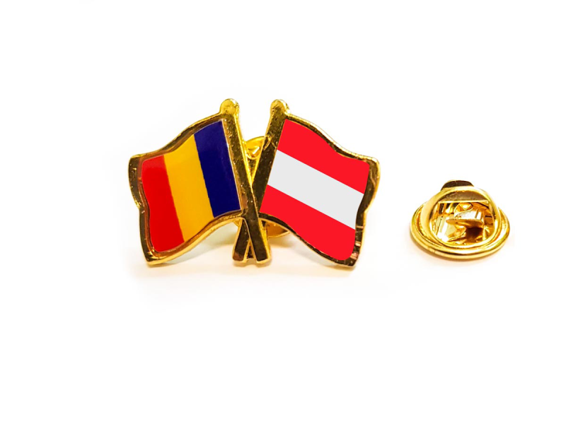 Insigna pin steag Romania si Austria - Fotografie 1