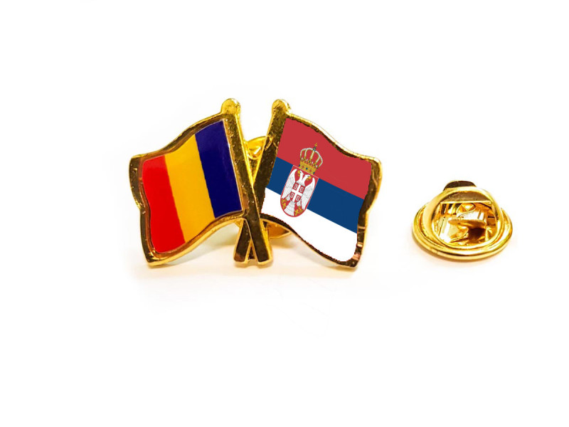 Insigna pin steag Romania si Serbia - Fotografie 1