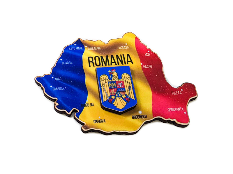 Magnet lemn Harta Romania cu stema 3D - Fotografie 1