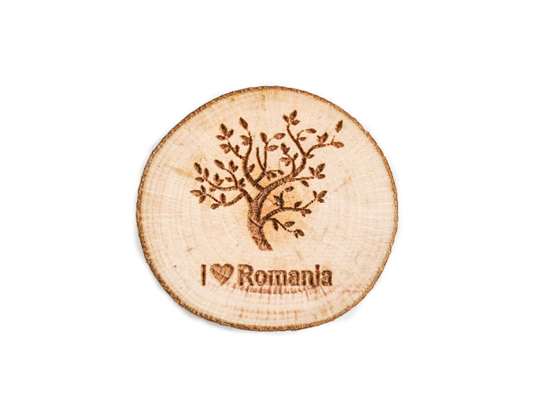 Magnet suvenir rotund din lemn - I love Romania - Fotografie 1