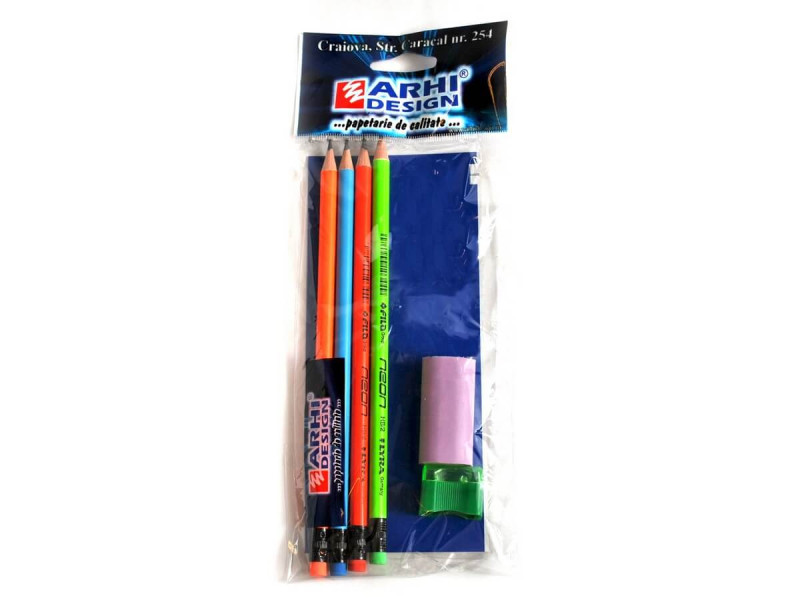 Set 4 creioane neon cu guma si ascutitoare cu container. - Fotografie 1