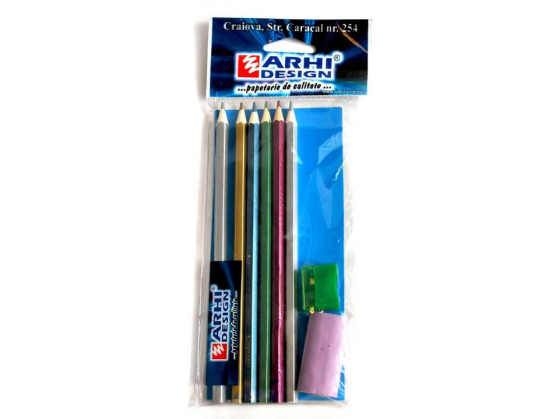 Set 6 creioane metalizate cu guma si ascutitoare - Fotografie 1